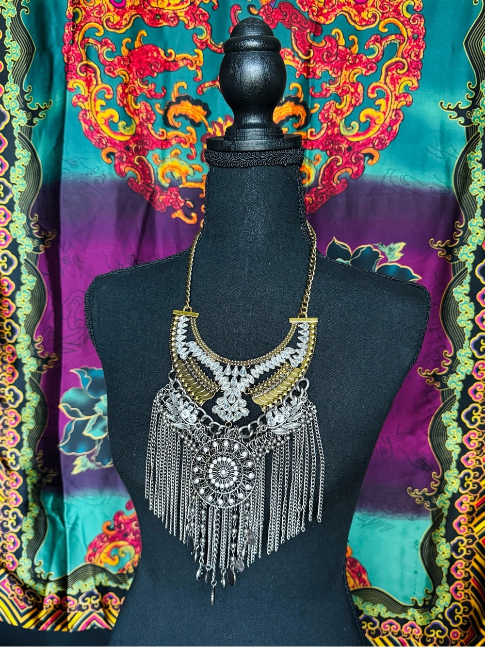 Bohemian Two-Tone Fringe Statement Necklace - Silver & Gold